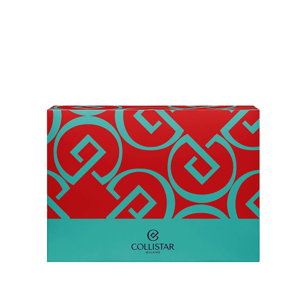 Coffret rouge et bleu. Motif de cercles et lettres. Bas bleu avec logo Collistar.