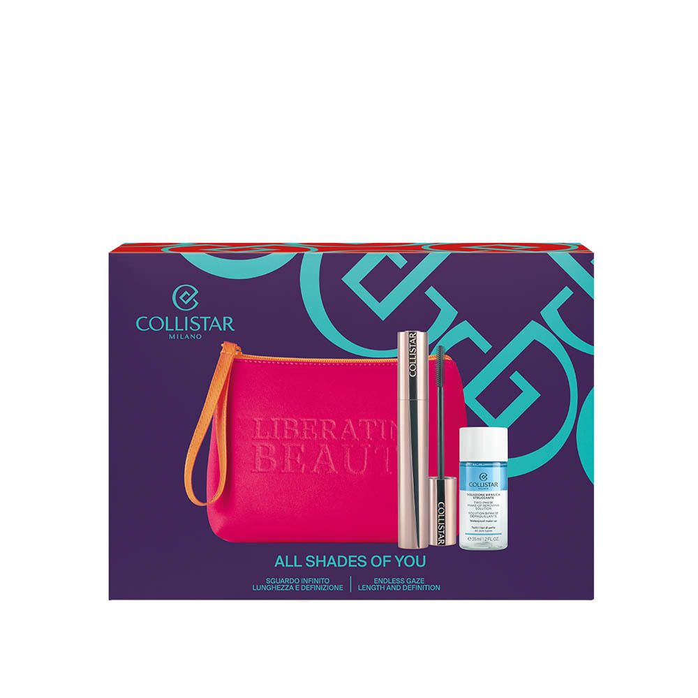 Coffret avec mascara, démaquillant et pochette. Produits et pochette.