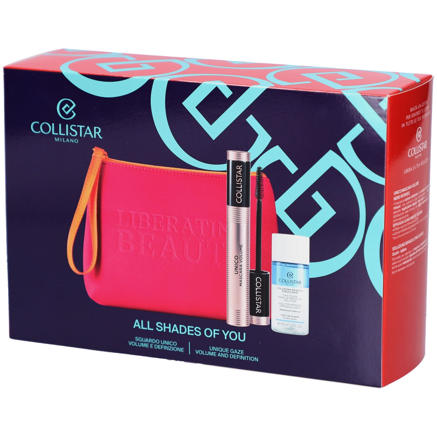 Coffret cadeau avec trousse, mascara et démaquillant. Inscription : All Shades of You.