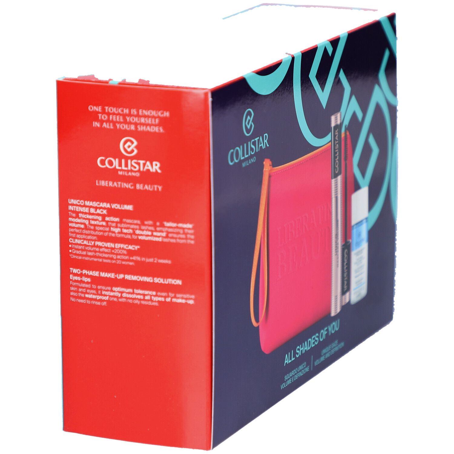 Coffret cadeau avec trousse, mascara et démaquillant. Inscription : All Shades of You.