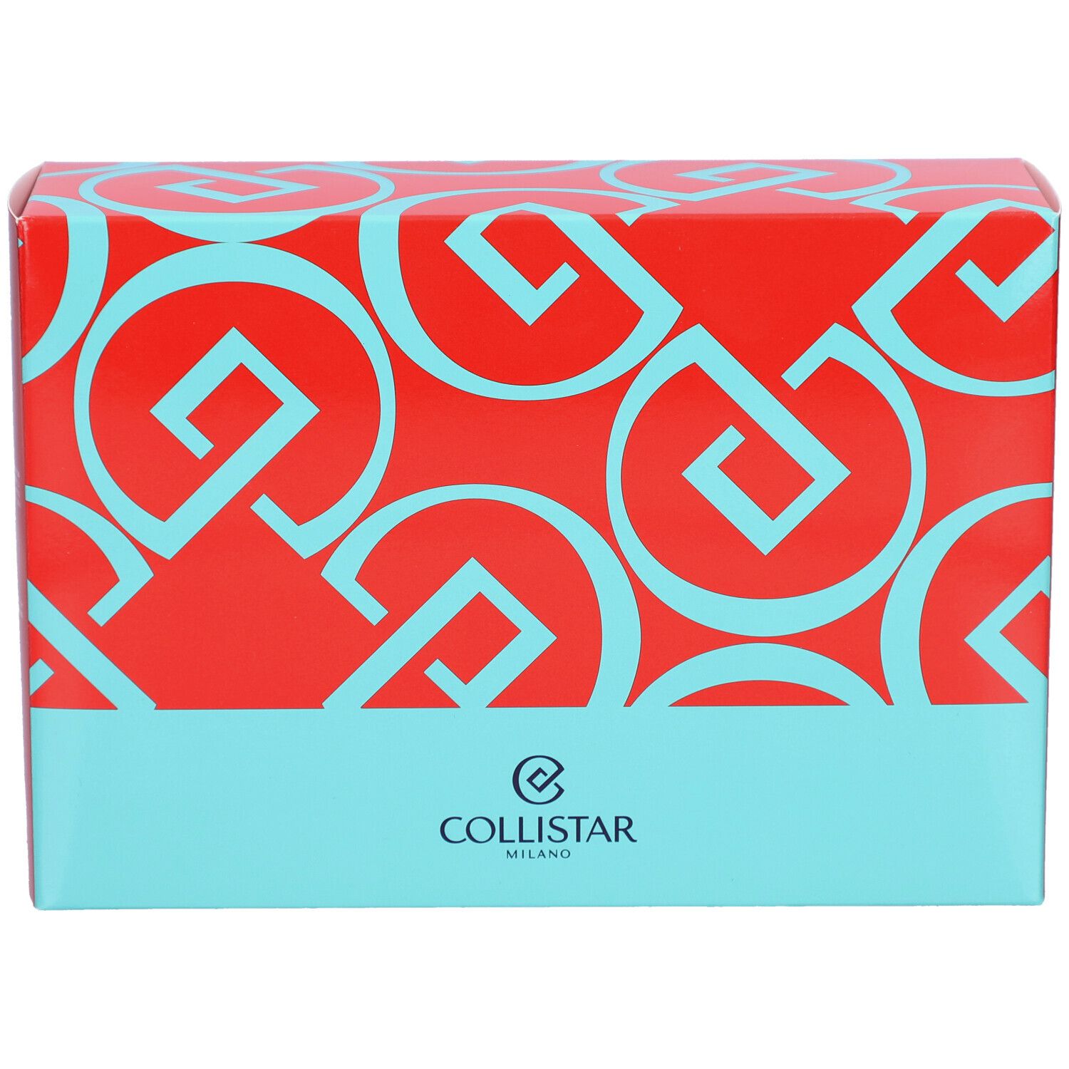 Coffret rouge avec motifs géométriques turquoise et logo. Inscription : Collistar Milano.