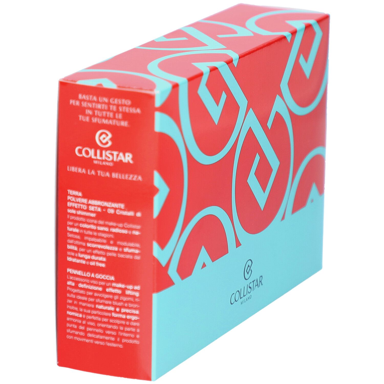 Boîte cosmétique rouge et bleu. Texte et logo Collistar Milano visibles.