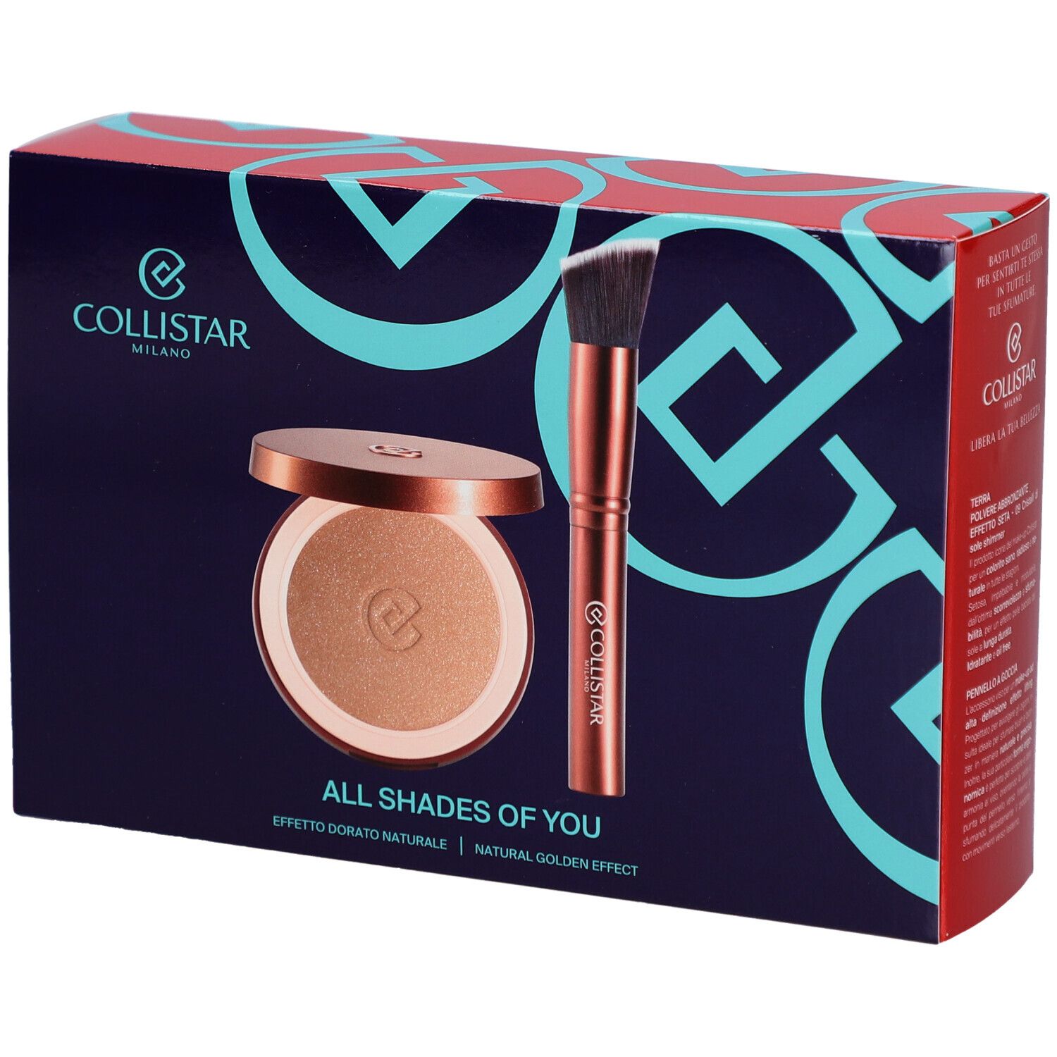 Coffret cosmétique avec poudre bronzante, pinceau et boîte. Logo Collistar Milano.