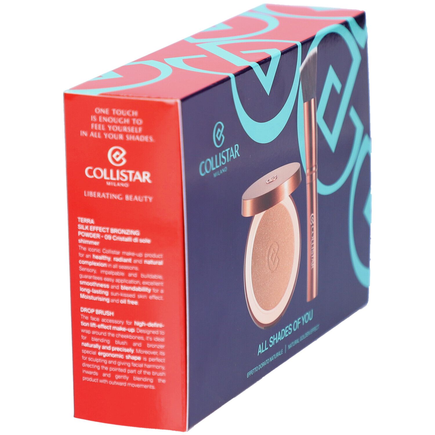 Coffret cosmétique avec poudre bronzante, pinceau et boîte. Logo Collistar Milano.