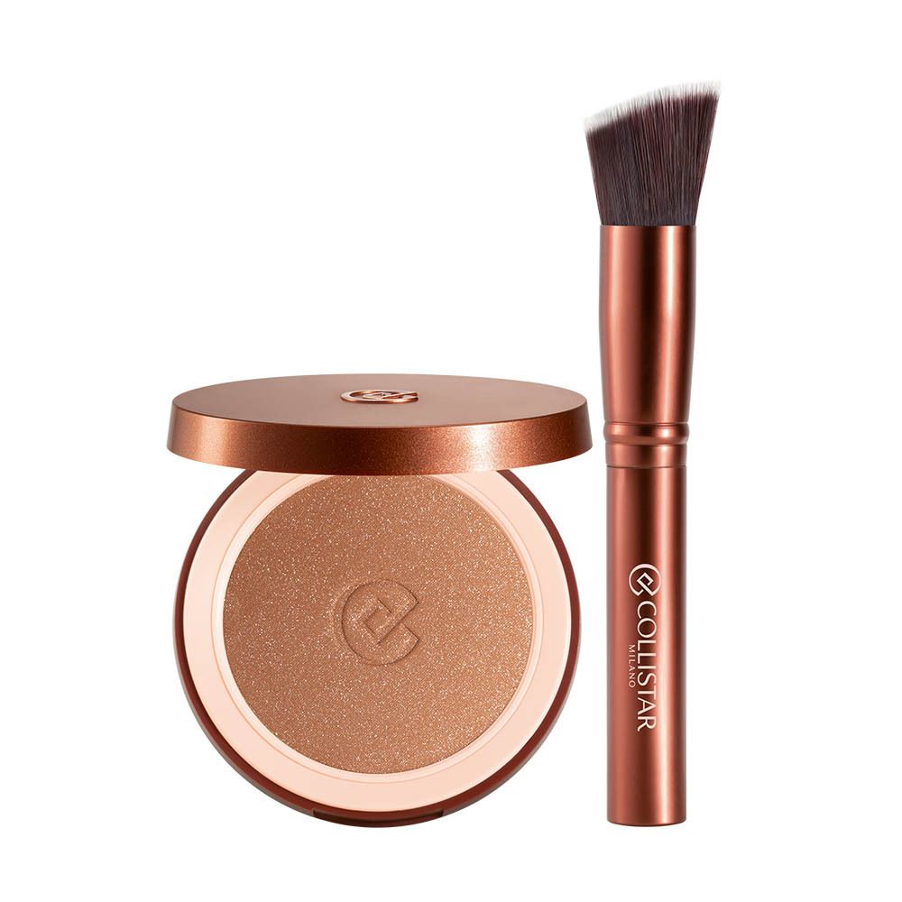 Poudre bronzante, pinceau et boîte. Logo Collistar Milano. Inscription : ALL SHADES OF YOU.