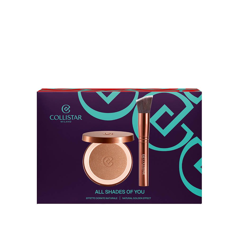 Coffret cosmétique avec poudre bronzante, pinceau et boîte. Logo Collistar Milano. Inscription : ALL SHADES OF YOU.