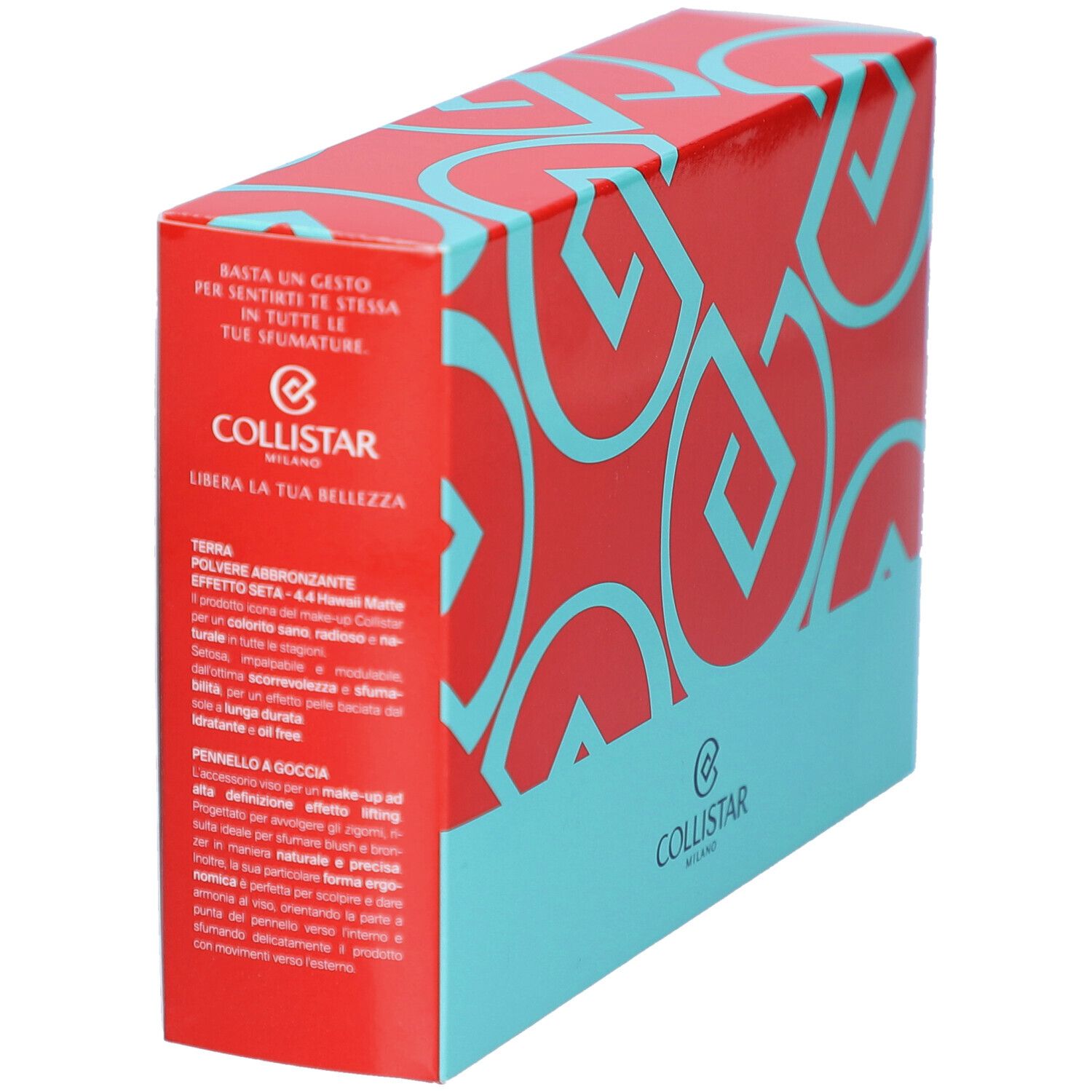 Boîte de set de maquillage. Rouge à motifs géométriques turquoise. Marque Collistar Milano.
