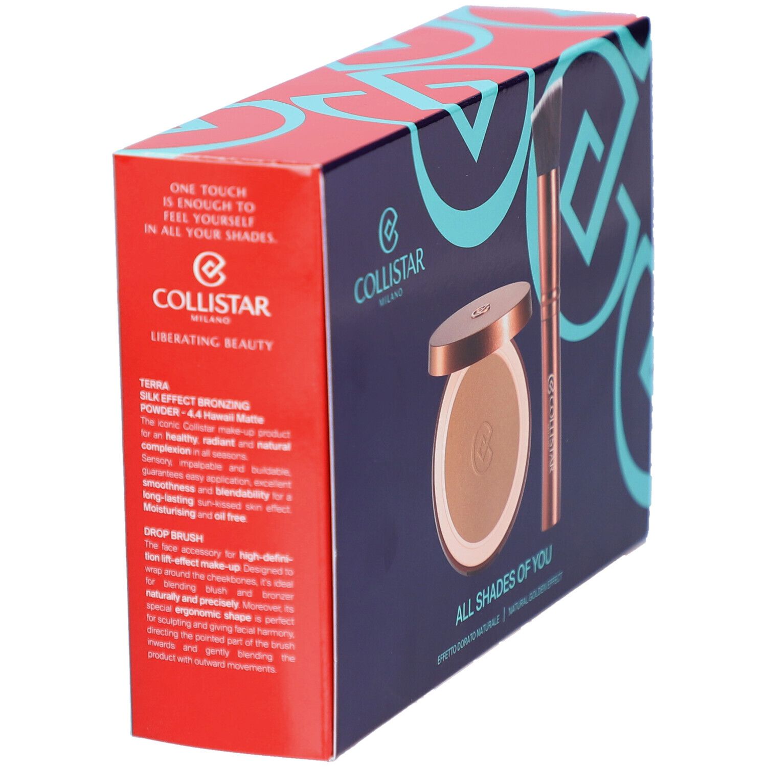 Set de maquillage avec poudre et pinceau. Poudre en boîtier, pinceau à manche en bois. Collistar.