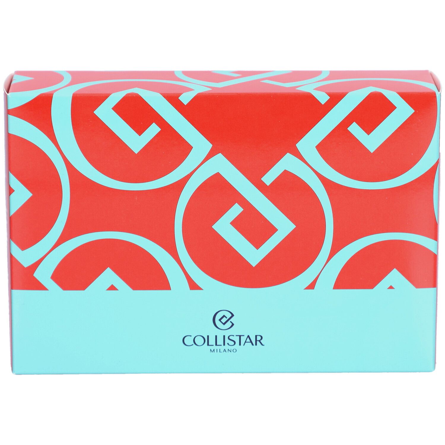 Boîte de set de maquillage. Rouge à motifs géométriques turquoise. Marque Collistar Milano.