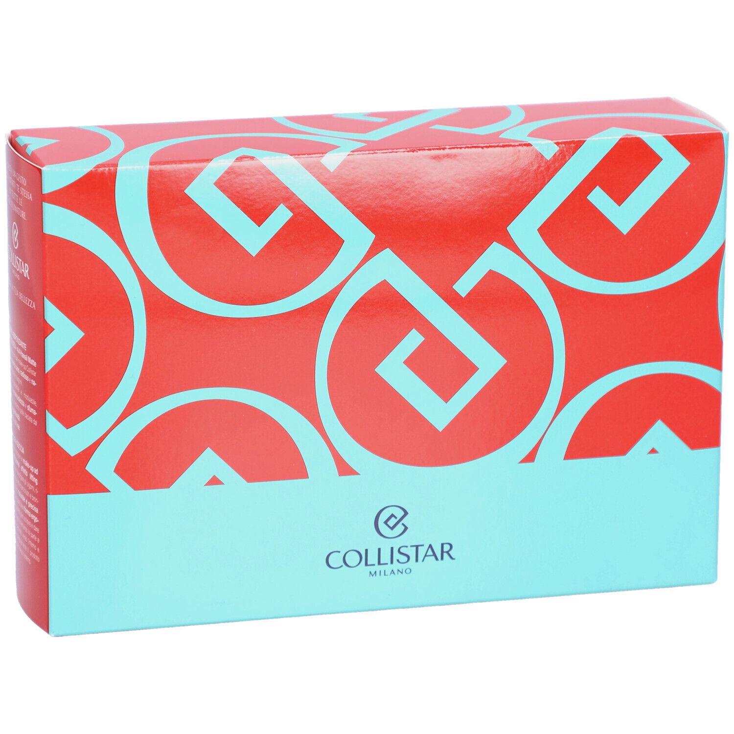 Boîte de set de maquillage. Rouge à motifs géométriques turquoise. Marque Collistar Milano.