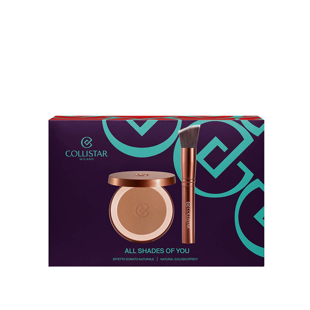 Set de maquillage avec poudre et pinceau. Poudre en boîtier, pinceau à manche en bois. Collistar.