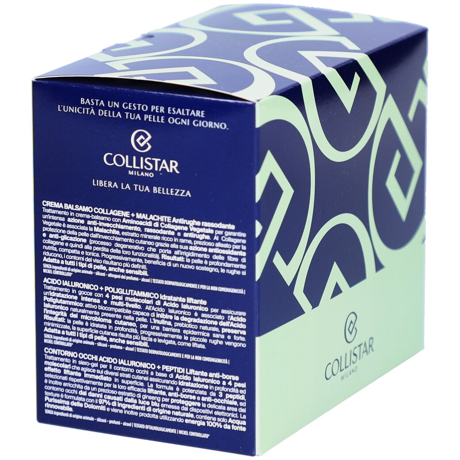 Boîte cosmétique avec motif bleu et texte. Logo Collistar Milano. Texte: Basta un gesto per esaltare l'unicità della tua pelle ogni giorno.
