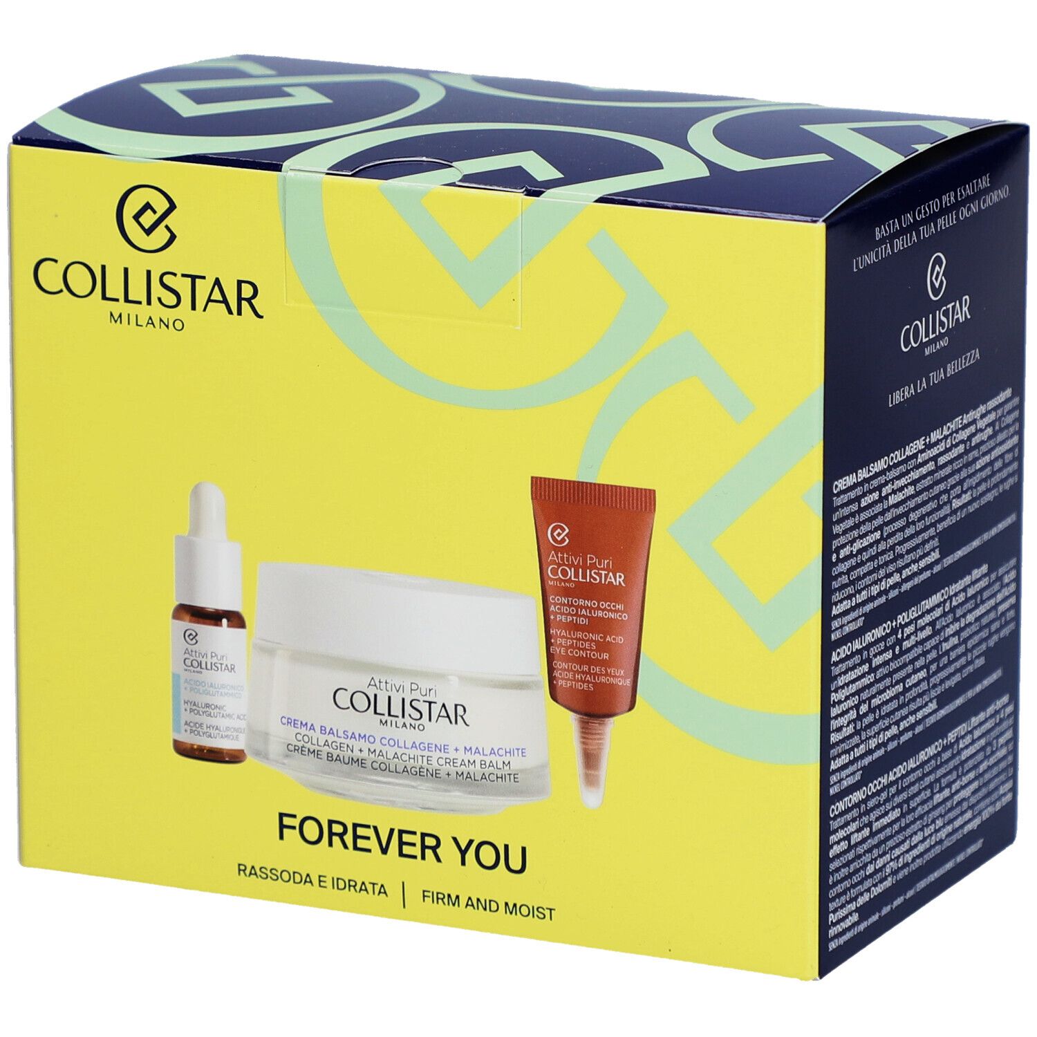Boîte cosmétique jaune et noire avec produits. Logo Collistar Milano. Produits: crème, sérum, crème yeux. Texte: Forever You. Rassoda e idrata.