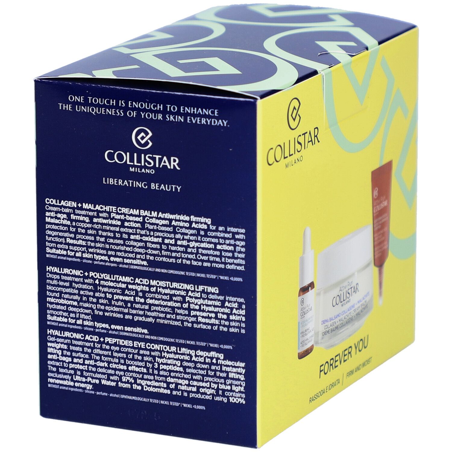 Boîte cosmétique jaune avec produits. Logo Collistar Milano. Produits: crème, sérum, crème yeux. Texte: One touch is enough to enhance.