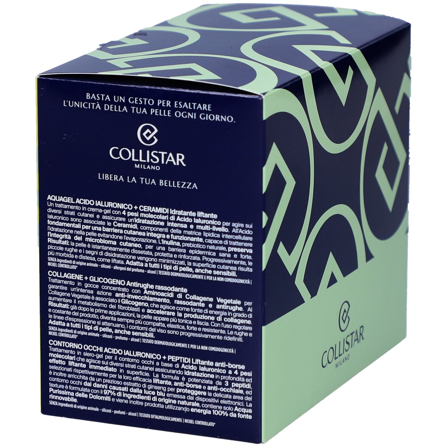 Boîte bleu foncé avec base verte. Texte: Collistar Milano. Informations produit.