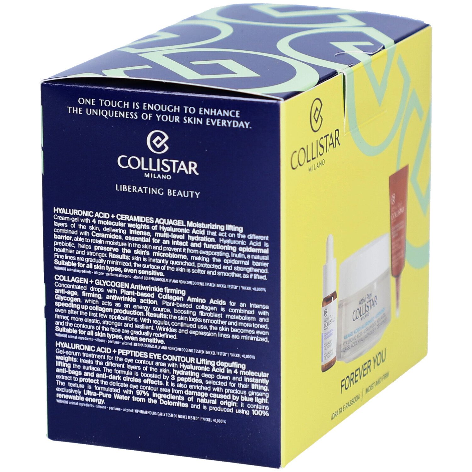 Boîte jaune avec produits. Texte: Collistar Milano. Contient: sérum, crème, contour des yeux.