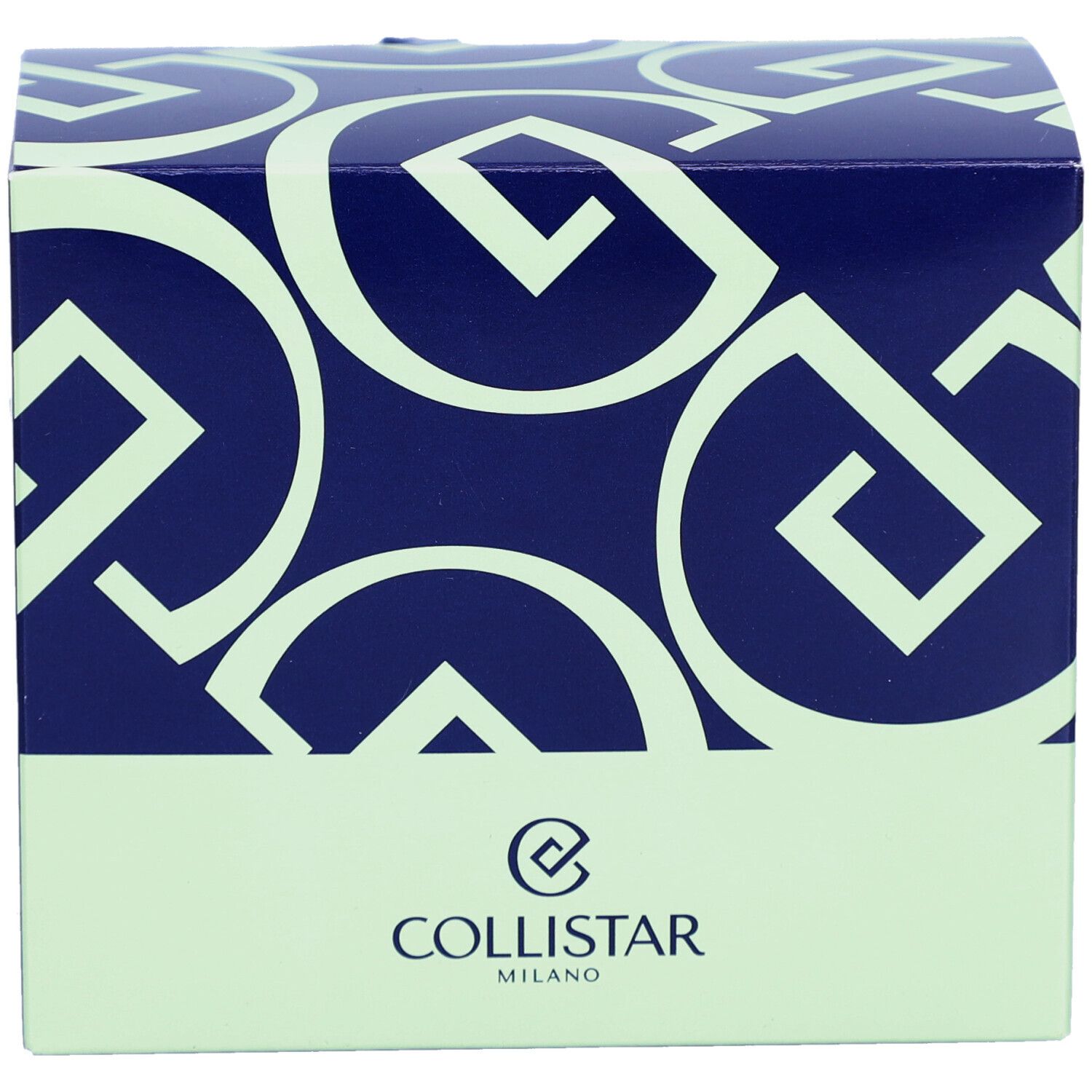 Boîte bleu foncé avec base verte et logo. Texte: Collistar Milano.