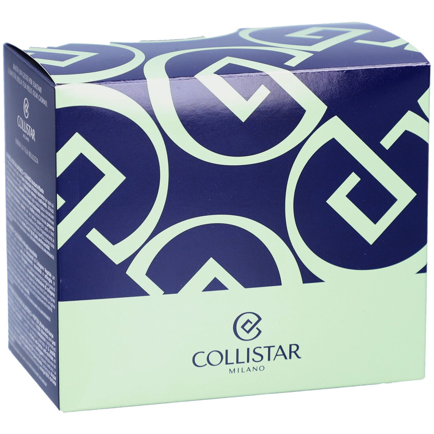 Boîte bleu foncé avec base verte et logo. Texte: Collistar Milano.