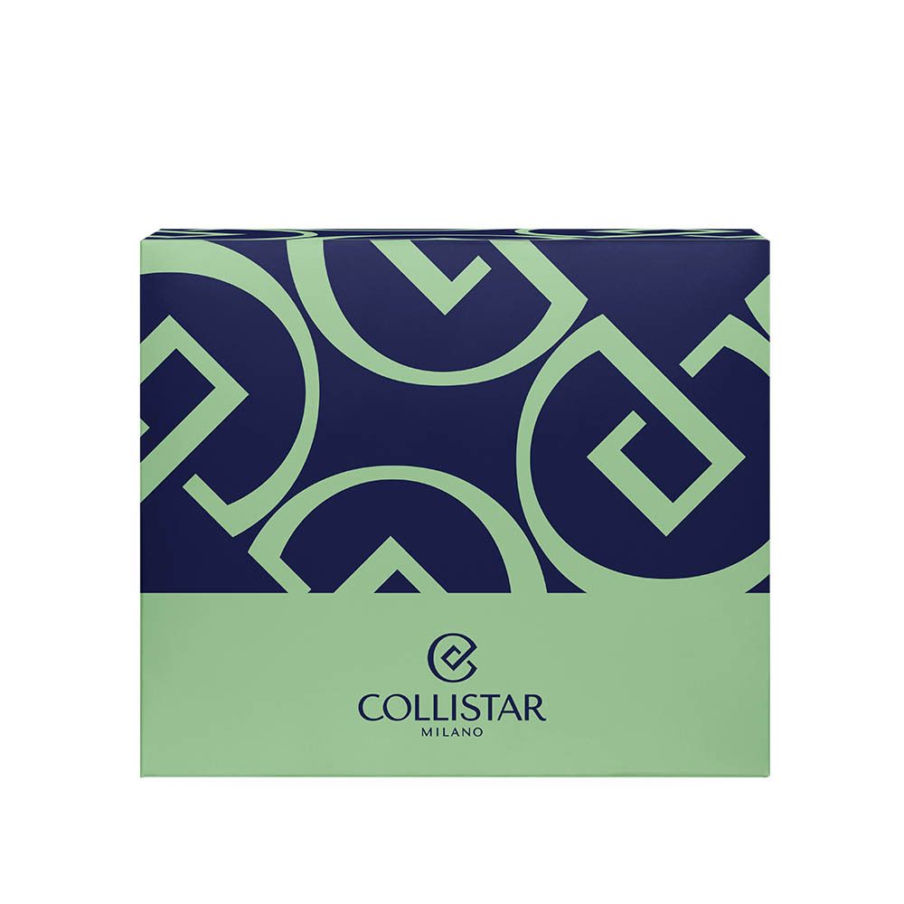 Boîte bleu foncé avec base verte et logo. Texte: Collistar Milano.
