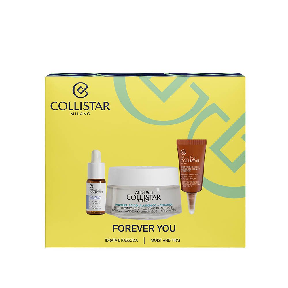 Boîte jaune avec produits. Texte: Collistar Milano. Contient: sérum, crème, contour des yeux.