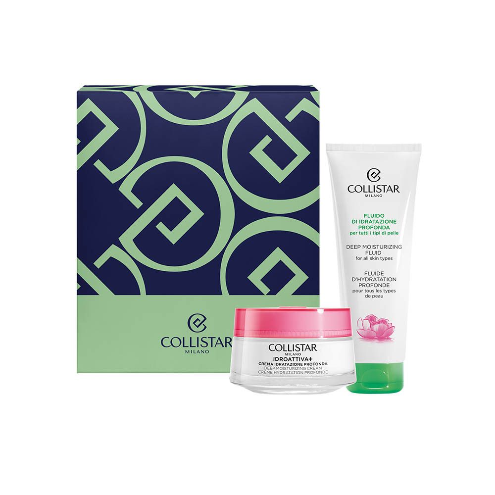 Coffret cadeau avec crème et fluide. Logo Collistar. Produits sur fond blanc.