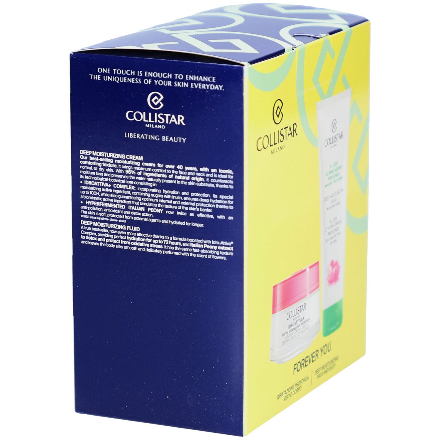 Boîte cosmétique avec produits. Crème et fluide. Texte en italien. Logo Collistar Milano.