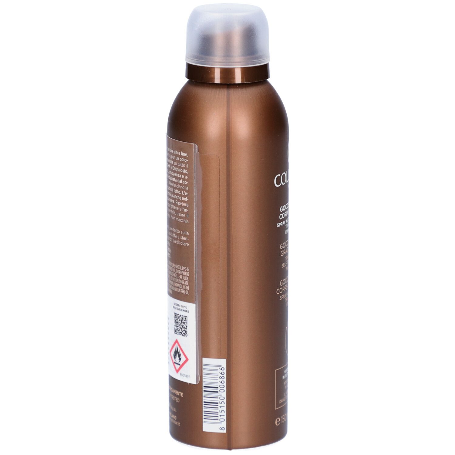 Flacon spray marron Collistar. Vue latérale avec informations produit et avertissements.