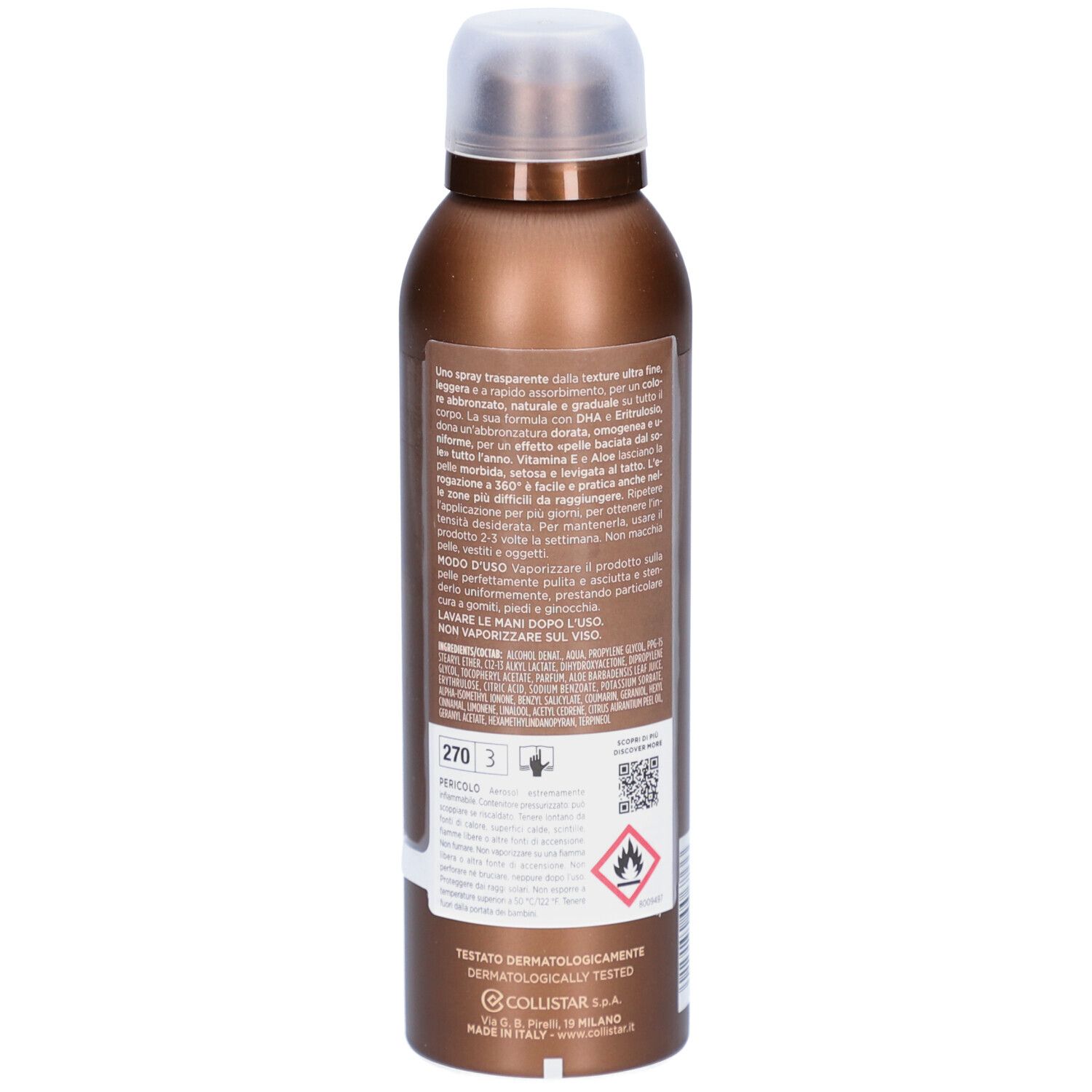 Dos du flacon spray marron Collistar. Informations produit et avertissements.