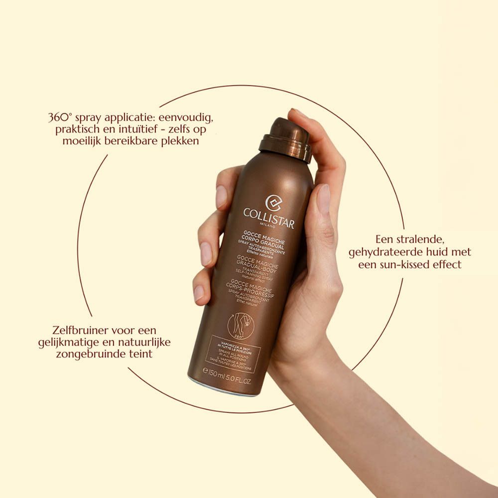 Main tenant un flacon spray marron Collistar. Nom du produit et texte visibles.