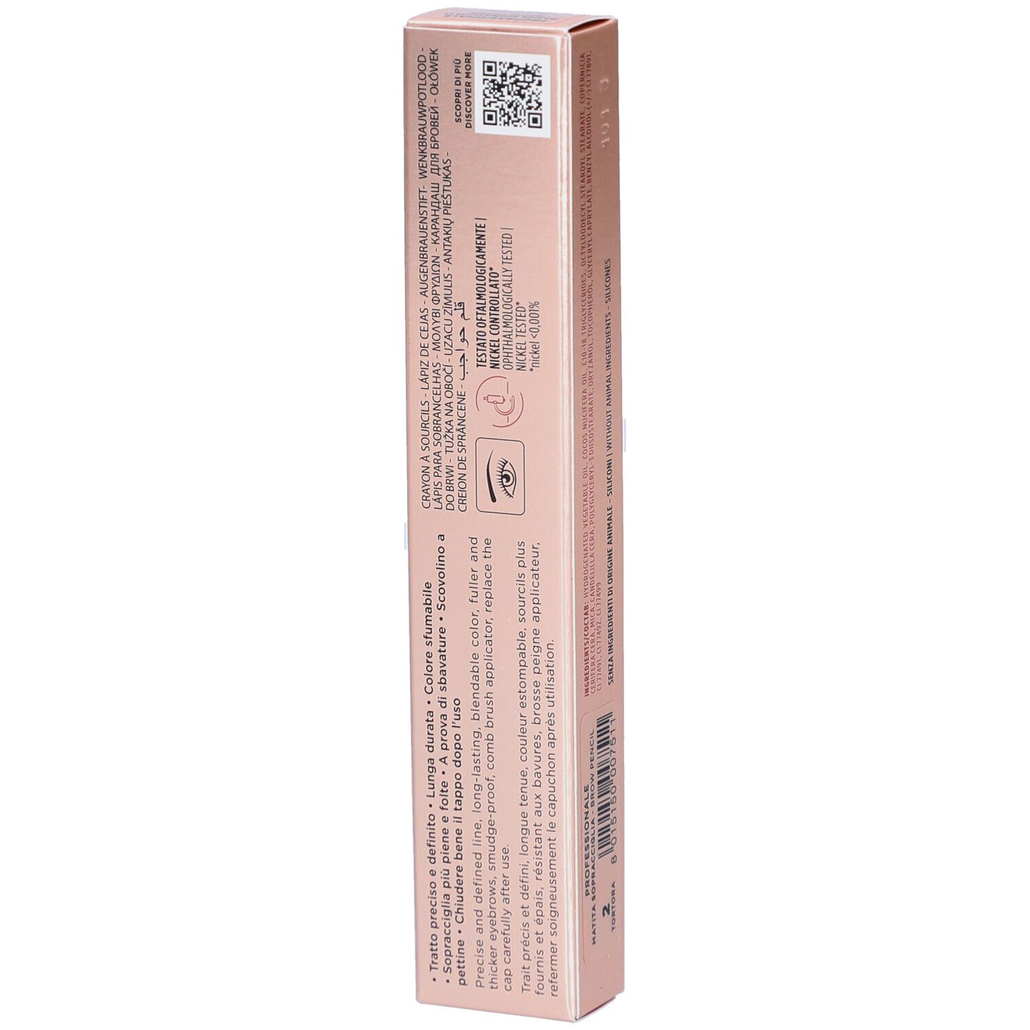 Emballage rose. Collistar Milano, Professionale, crayon à sourcils longue tenue. Vue détaillée du dos.