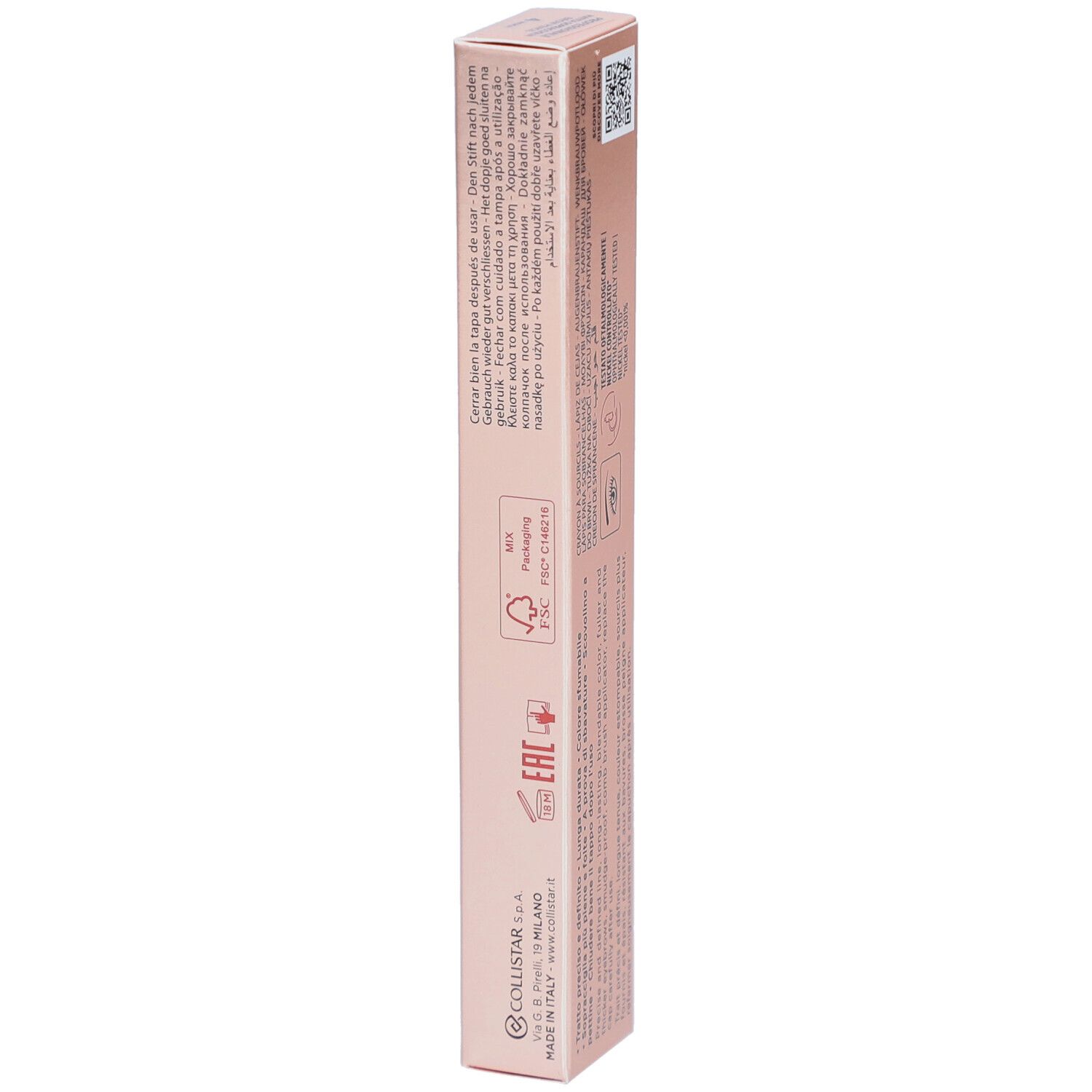 Côté de l'emballage Collistar Brow Pencil. Boîte rose-doré avec texte et symboles. Informations.