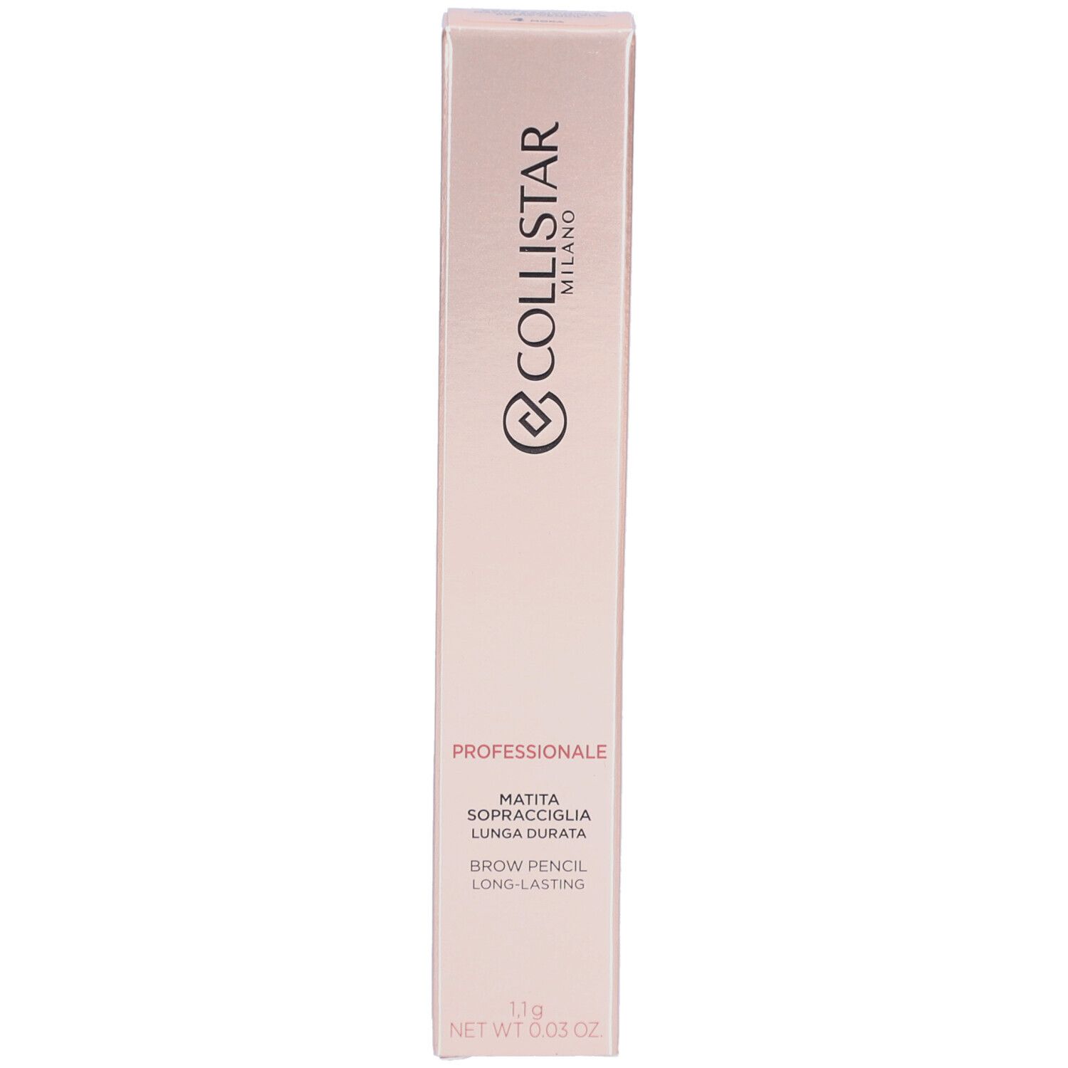 Emballage crayon à sourcils Collistar Professionale. Boîte allongée rose doré. Texte: Brow Pencil, Long-lasting.