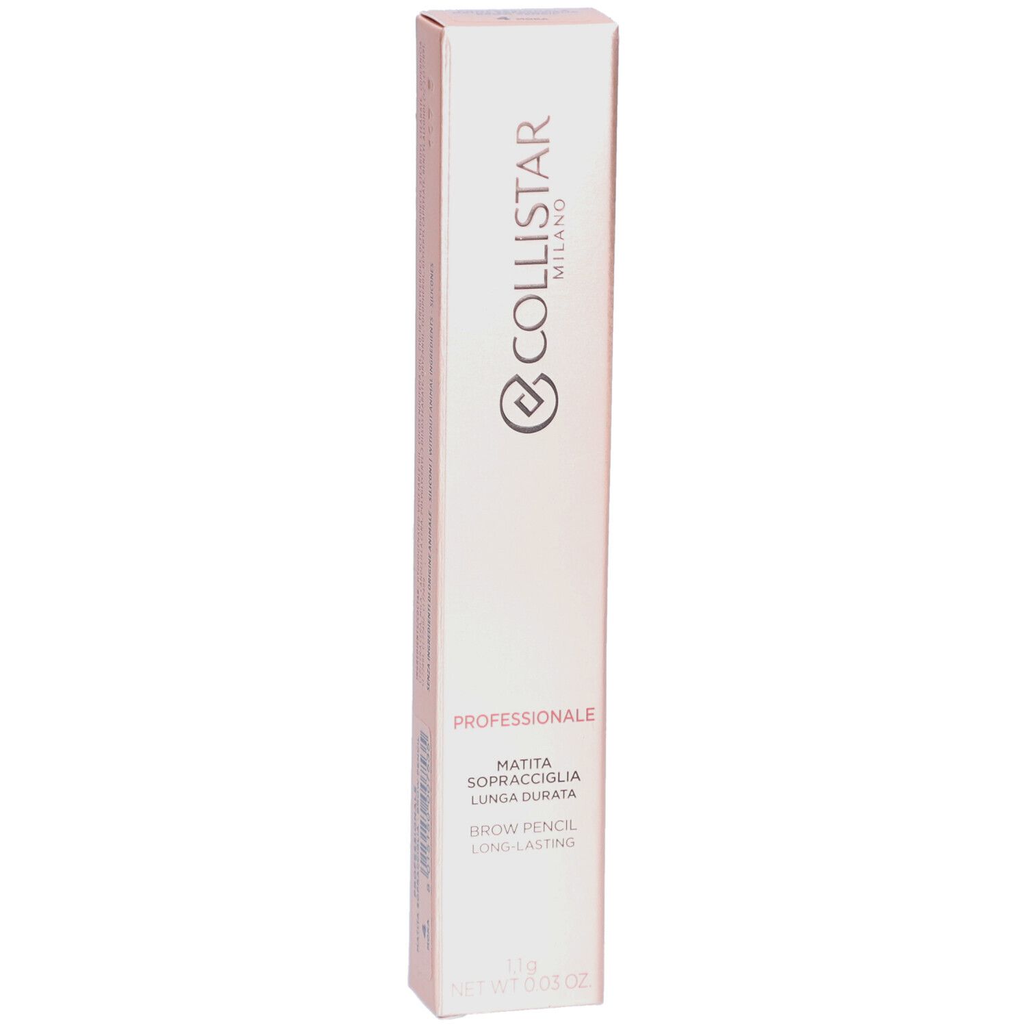 Emballage crayon à sourcils Collistar Professionale. Boîte allongée rose doré. Texte: Brow Pencil, Long-lasting.