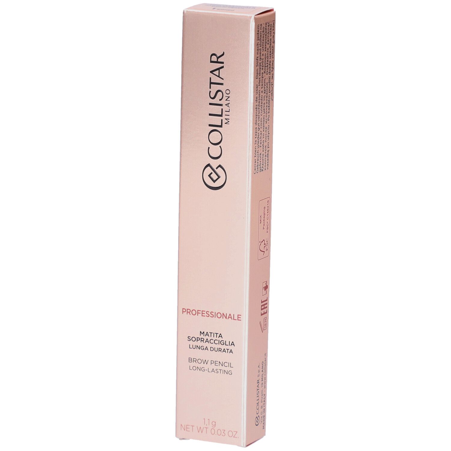 Emballage rose. Contient un crayon à sourcils. Texte: Collistar Milano, Professionale, Brow Pencil Long-lasting.