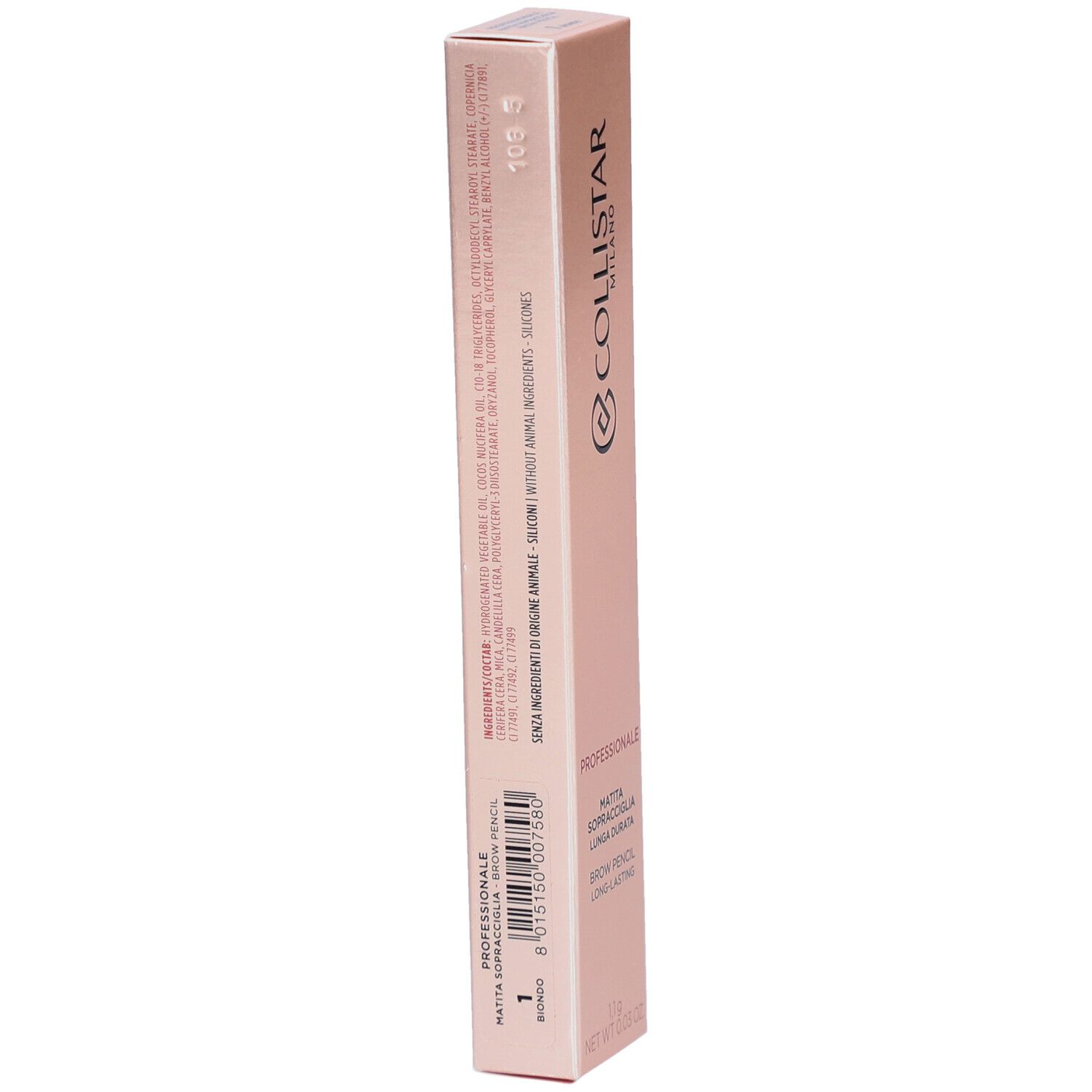 Emballage rose. Texte: Collistar Milano, Professionale, Matita Sopracciglia Lunga Durata, Brow Pencil Long-lasting.