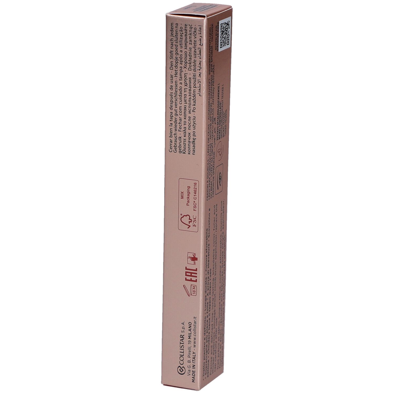 Emballage rose. Texte: Collistar Milano, Professionale, Matita Sopracciglia Lunga Durata, Brow Pencil Long-lasting.