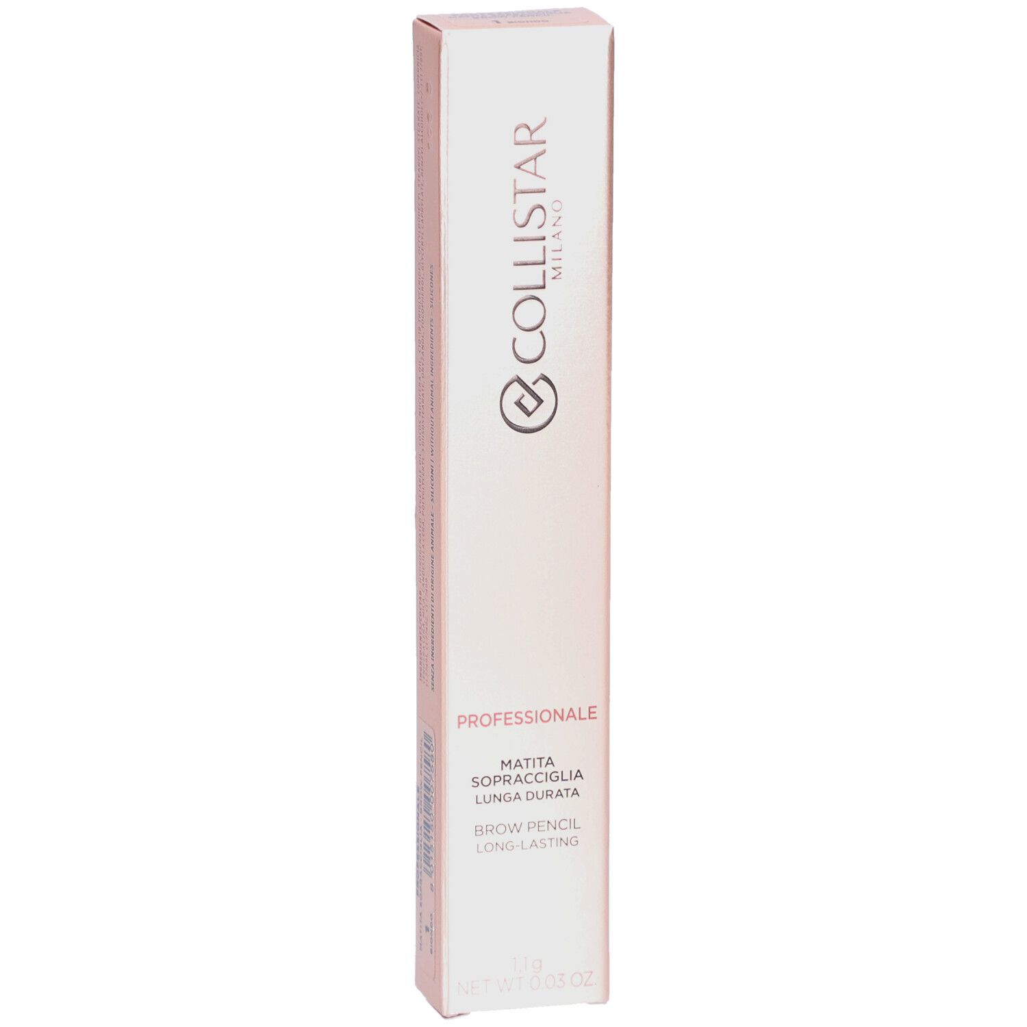 Emballage rose. Texte: Collistar Milano, Professionale, Matita Sopracciglia Lunga Durata, Brow Pencil Long-lasting.