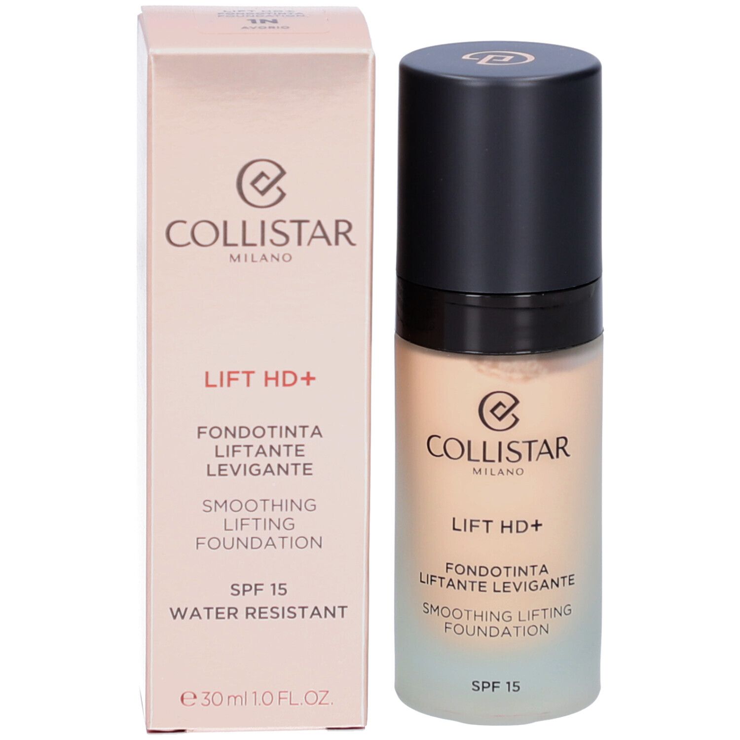 Fond de teint Collistar Lift HD+ et emballage. Foundation beige et emballage rose. SPF 15. Inscriptions.