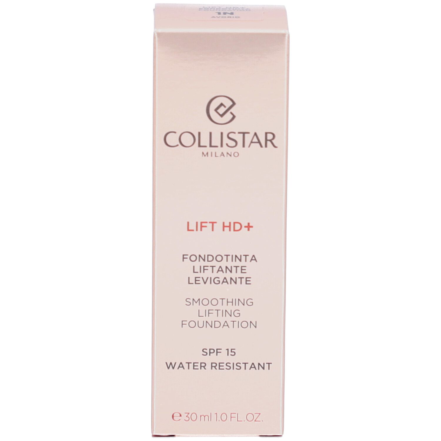 Emballage du fond de teint Collistar Lift HD+. Emballage rose avec nom du produit et SPF 15.