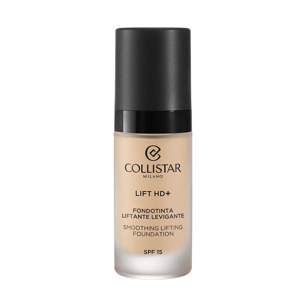 Flacon de fond de teint beige avec bouchon noir. Inscription : Collistar, Lift HD+, Smoothing Lifting Foundation, SPF 15.