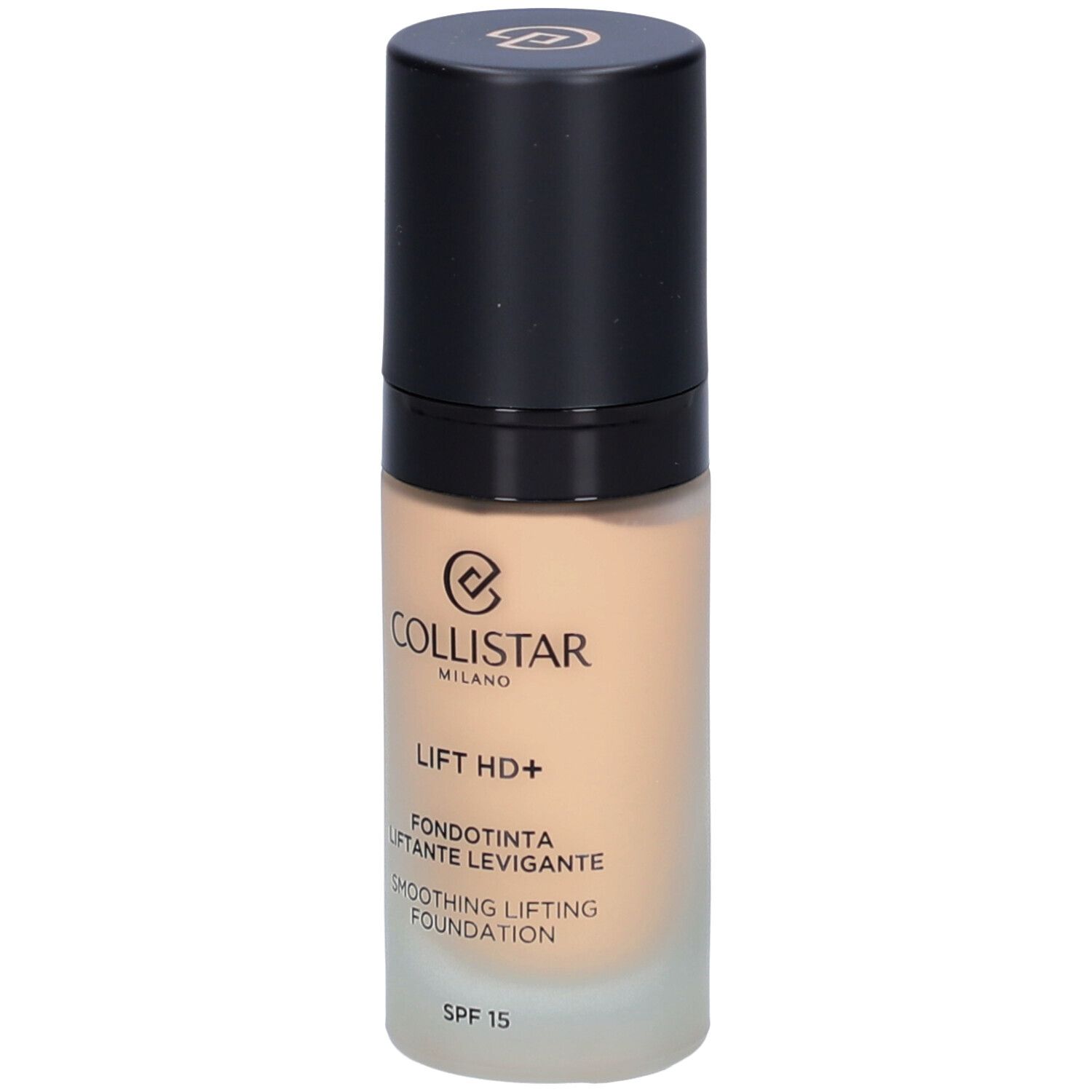 Flacon de fond de teint beige avec bouchon noir. Inscription : Collistar, Lift HD+, Smoothing Lifting Foundation, SPF 15.