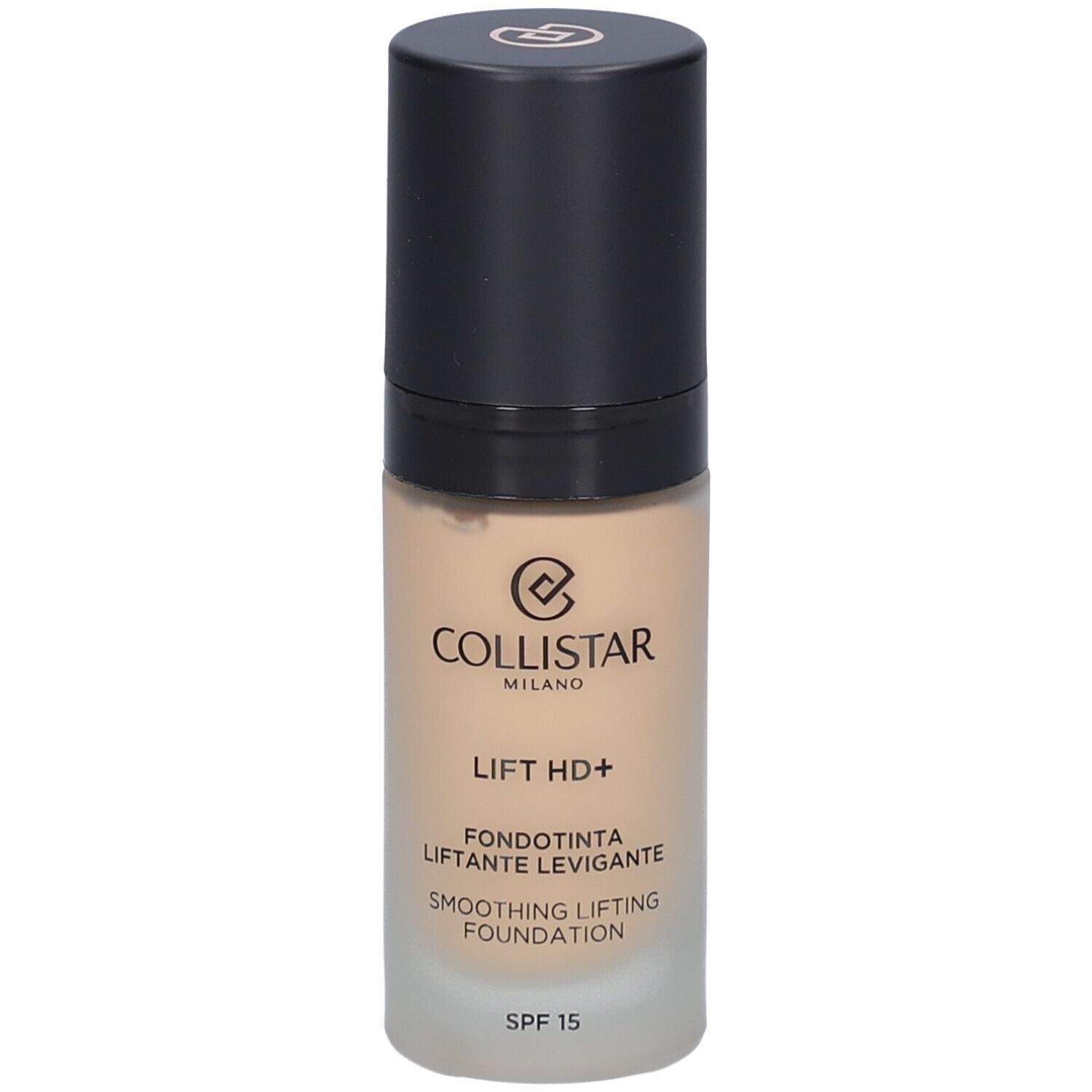 Flacon de fond de teint beige avec bouchon noir. Inscriptions: Collistar, Lift HD+, Smoothing Lifting Foundation, SPF 15.