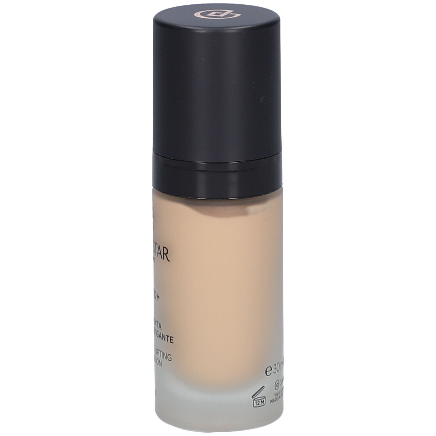 Flacon de fond de teint beige avec bouchon noir. Inscriptions: Collistar, Lift HD+, Smoothing Lifting Foundation, e30ml.