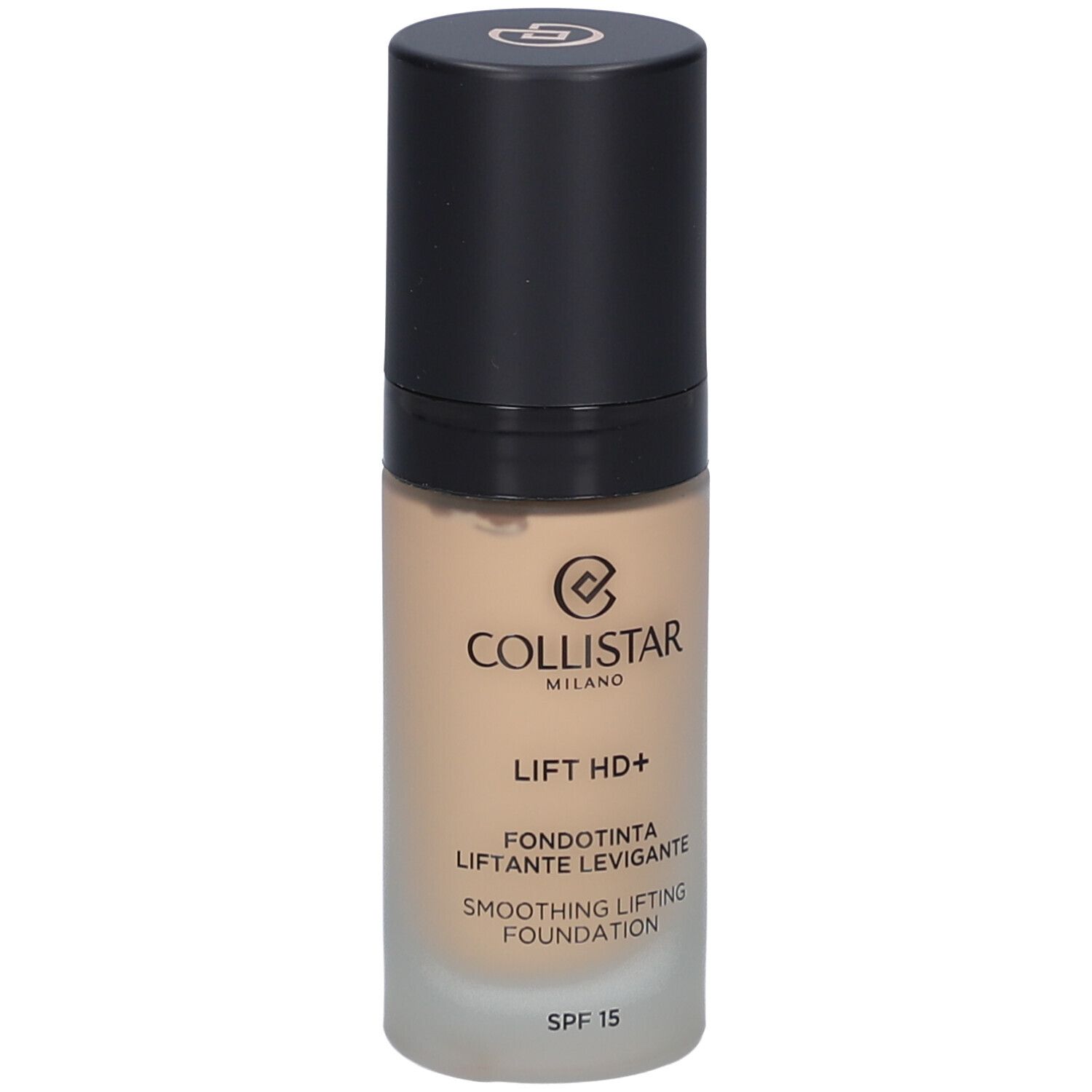 Flacon de fond de teint beige avec bouchon noir. Inscriptions: Collistar, Lift HD+, Smoothing Lifting Foundation, SPF 15.