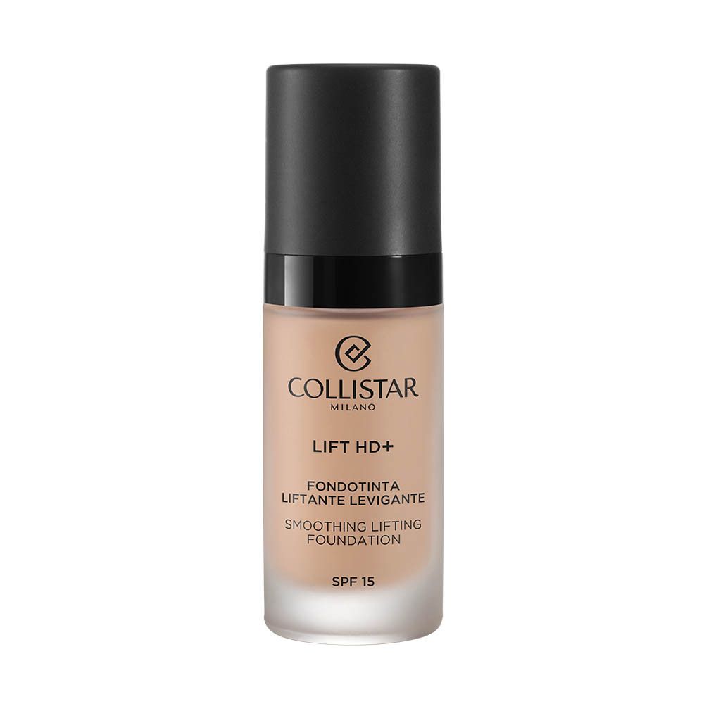 Fond de teint Collistar Lift HD+ en flacon de verre. Bouchon noir. SPF 15. Texture beige.