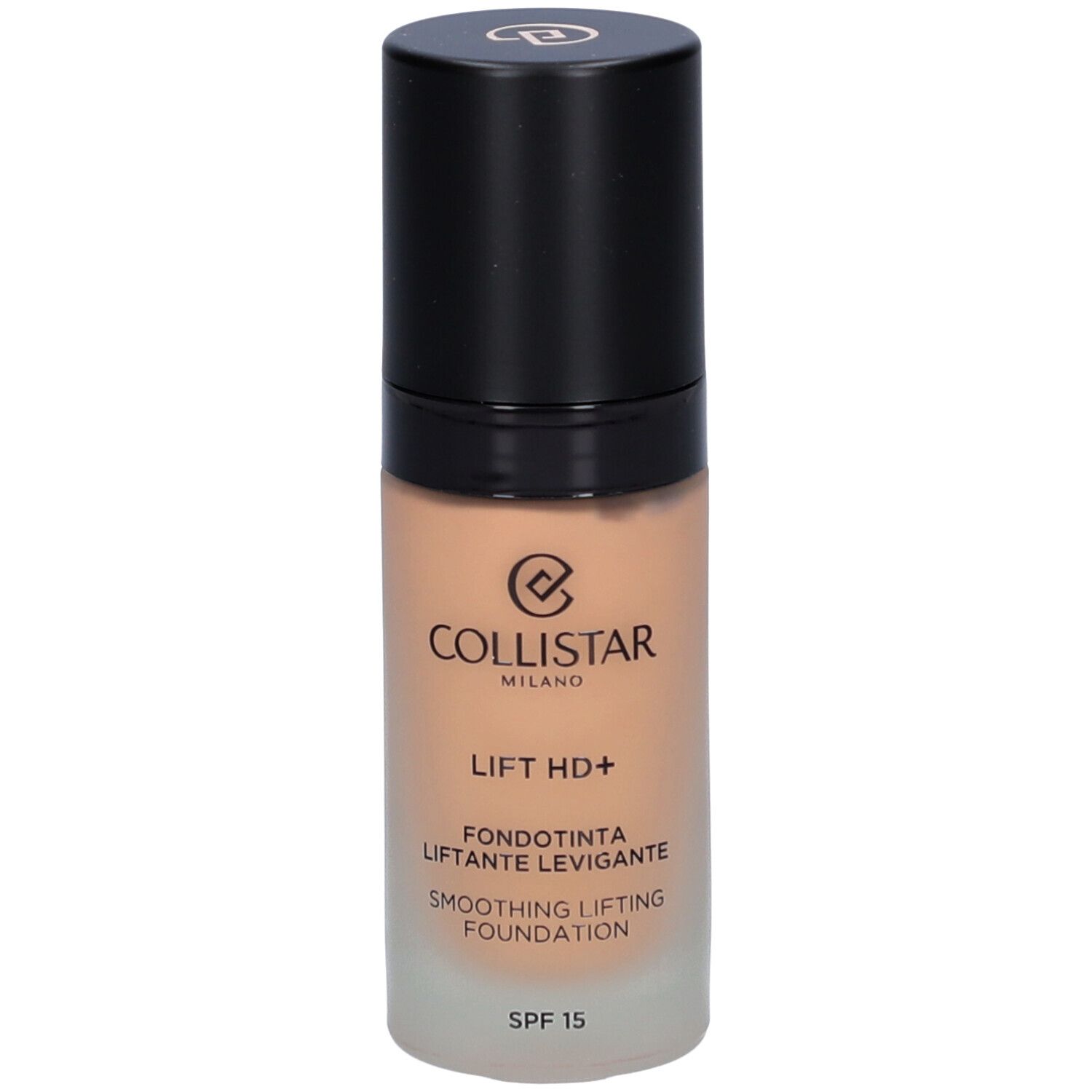 Fond de teint Collistar Lift HD+ en flacon de verre. Bouchon noir. SPF 15. Texture beige.