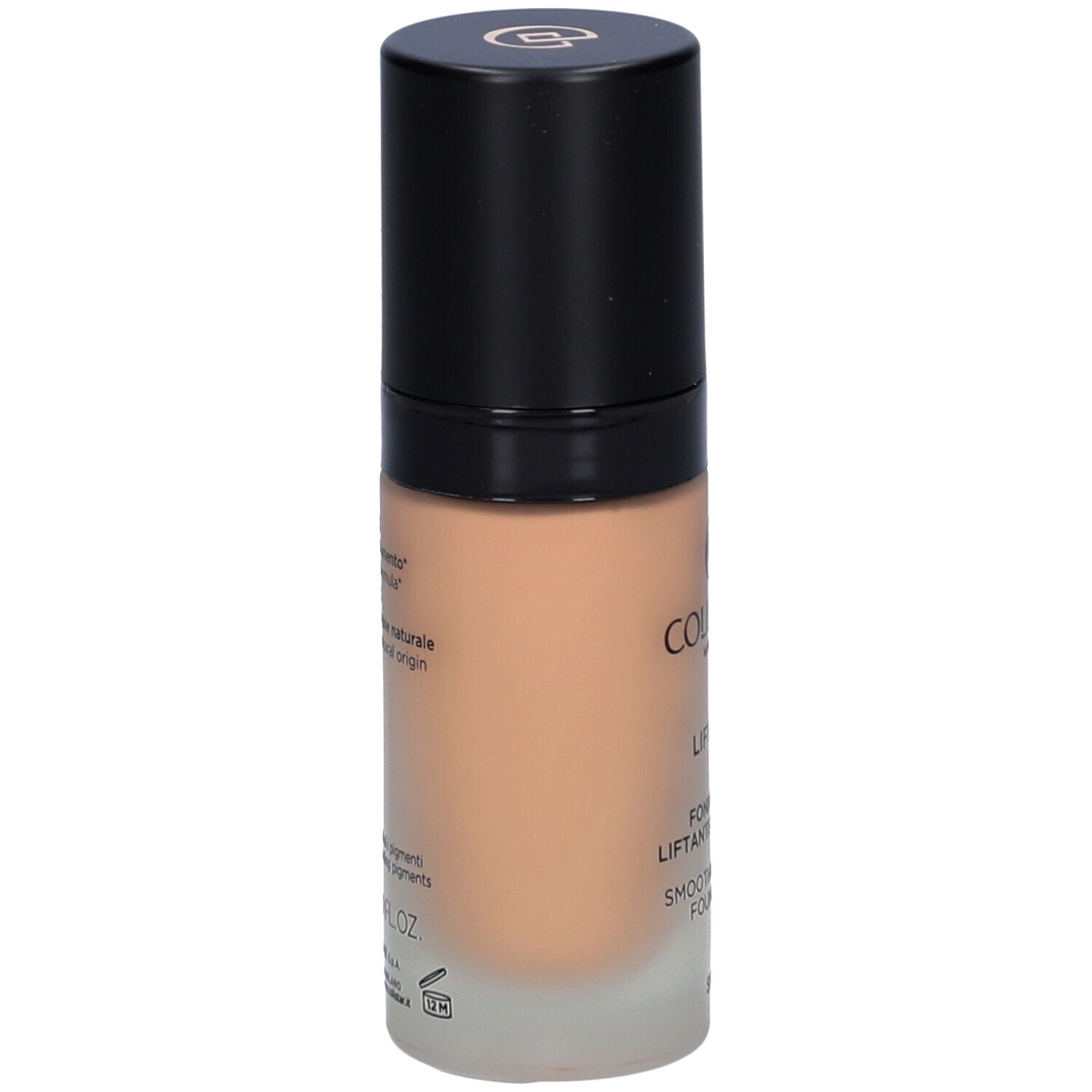 Fond de teint Collistar Lift HD+. Flacon de verre, bouchon noir. Vue latérale du produit.