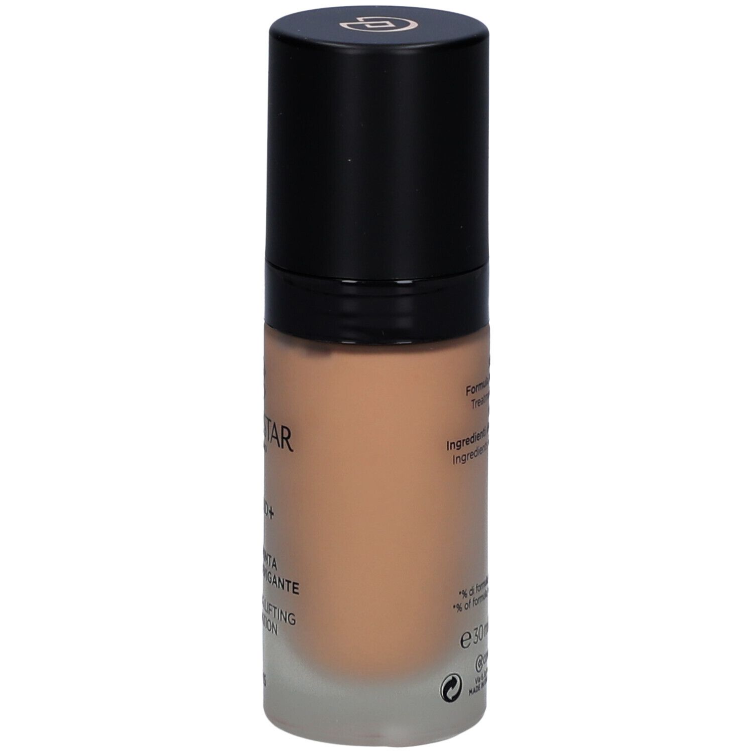 Fond de teint Collistar Lift HD+. Flacon de verre, bouchon noir. Vue latérale du produit.