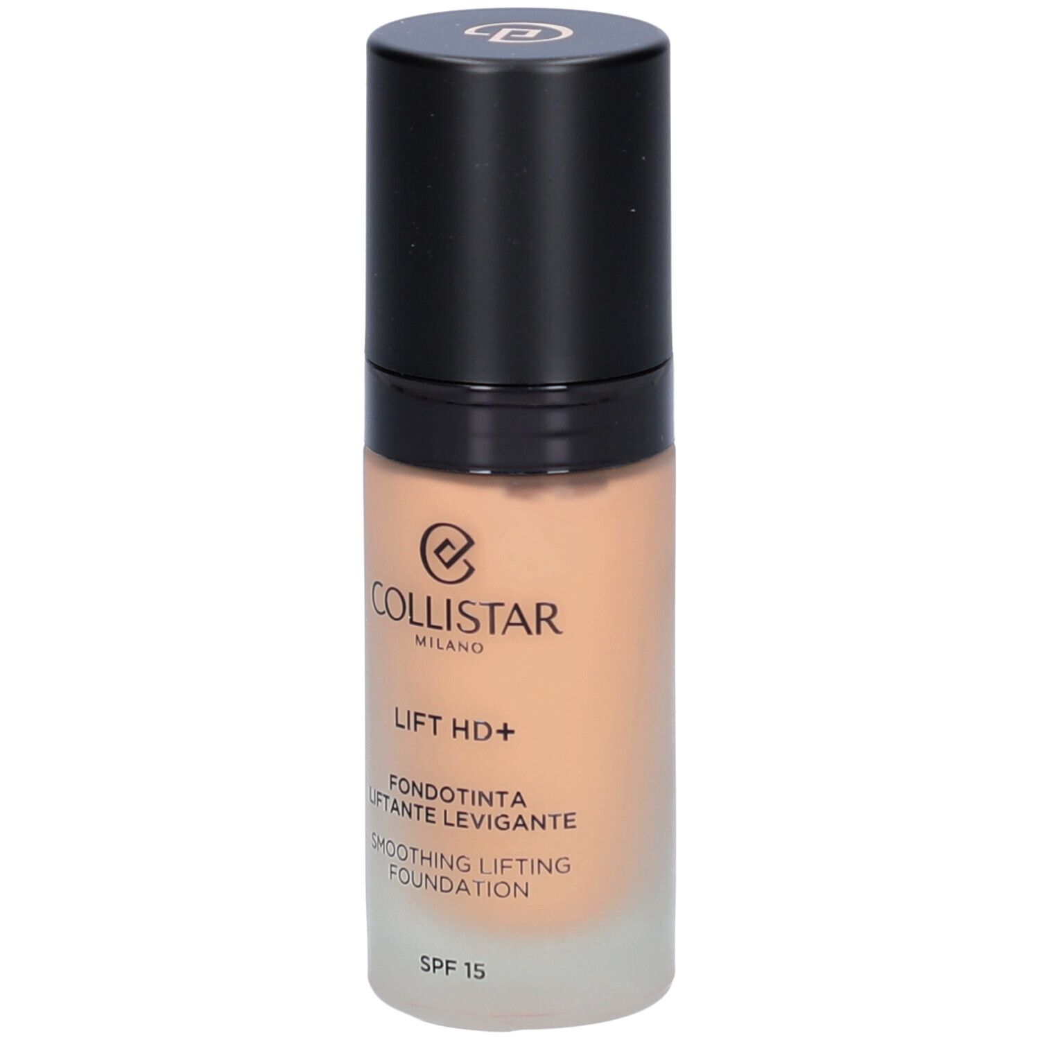 Fond de teint Collistar Lift HD+ en flacon de verre. Bouchon noir. SPF 15. Texture beige.