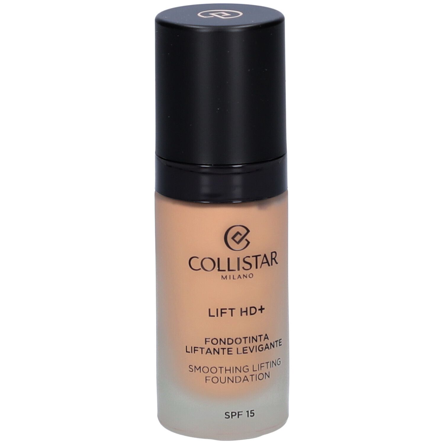 Fond de teint Collistar Lift HD+ en flacon de verre. Bouchon noir. SPF 15. Texture beige.